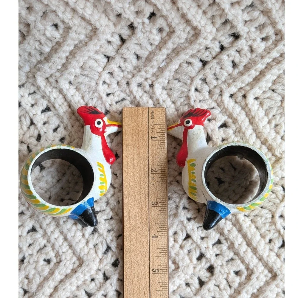 Vintage Hand Painted Rooster Napkin Rings‎ Set of 4 Folk Art Farmhouse Decor